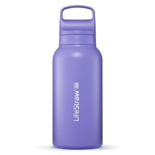 LifeStraw Go Series – Insulated Stainless Steel Water Filter Bottle for Travel and Everyday Use, Removes Bacteria, Parasites and Microplastics, Improves Taste, 1L Thistle Purple