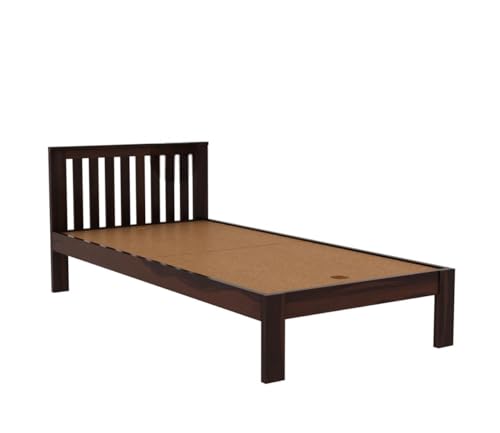 Image of KR Furniture Single Bed with Verticle Slatted Headboard | Solid Sheesham Wood Bed Frame | Strong Wooden Cot for Bedroom, Guest Room, Hostel & PG | Minimalist Bed | 6x3 Ft | Walnut Finish