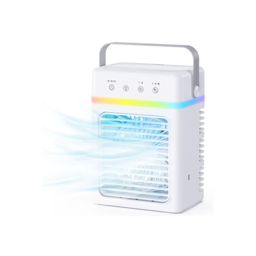 Aire Acondicionado Portatil Silencioso, Mini Enfriador de Aire con Depósito 900ML, 3 Velocidades de Aire, 3 Modos de Bruma, Temporizador 6H, Luz LED RGB y USB 10W - para Dormitorio, Camping y Oficina