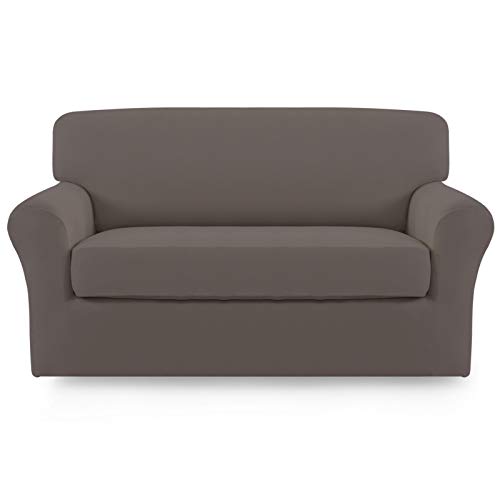 Image of Easy-Going 2 Pieces Stretch Loveseat Couch Sofa Slipcover Washable | Spandex Soft Fitted Sofa Couch Cover for Sofa Furniture Protector with Bottom Kids,Pet Dog Taupe