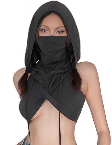 Women Hooded High-Neck Crop Top Sexy Sleeveless Streetwear Festival Rave Outfits