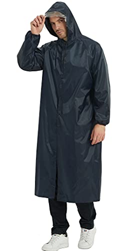 Men's Long Raincoat Waterproof Reflective Hiker Rain Poncho with Hood Trekking Fishing Rain Jacket Rainwear (X-Large) Black