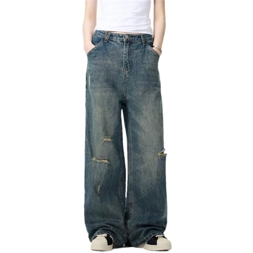 Men's High Street Denim Pants Hole Design Solid Color Wide Leg Bottom Straight Jeans