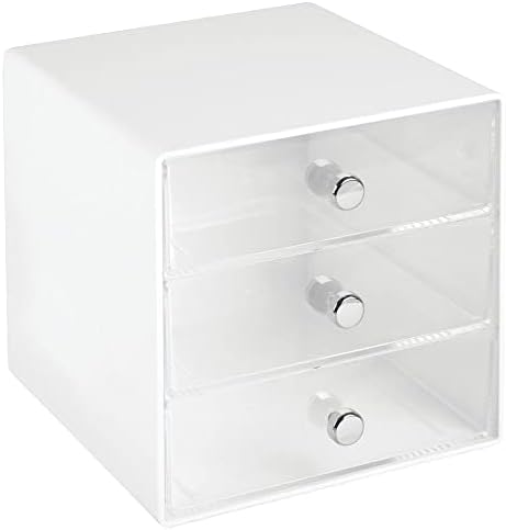 mDesign Makeup Storage Drawers  Cosmetics Drawers with 3 Separate Drawers  Ideal for Bedroom and Bathroom Storage  White/Clear