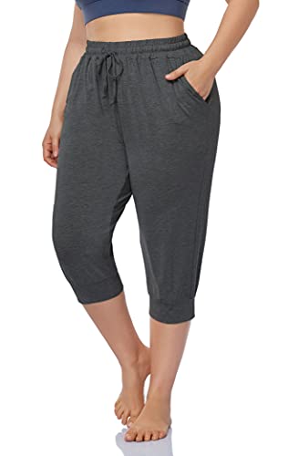 ZERDOCEAN Women s Plus Size Active Yoga Lounge Indoor Capri Casual Comfy Relaxed Joggers Pants with Pockets Drawstring Darkgray 3X
