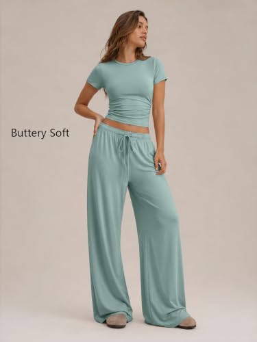 Image of Trendy Queen 2 Piece Matching Summer Lounge Set Womens Side Ruching Top Wide Leg Pants Sets with Pockets