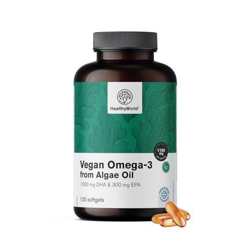 HealthyWorld Veganes Omega-3 1100 mg – Öl aus Schizochytrium-Algen – DHA und EPA im optimalen Verhältnis 2:1 – 120 Weiche Kapseln – 2-Monatsvorrat – mit Vitamin E