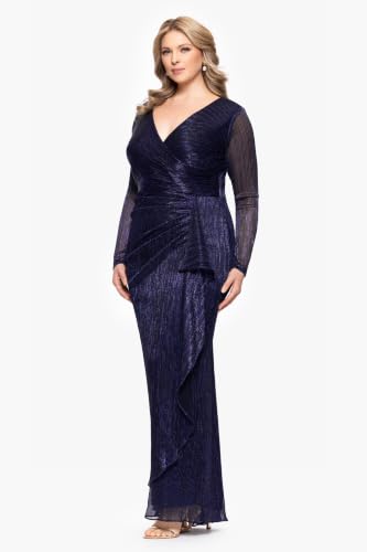 Image of Betsy & Adam Women's Plus Size Long Sheer Sleeve V-Neck Galaxy Side Ruffle Long Dress, NAV /Roy, 18W