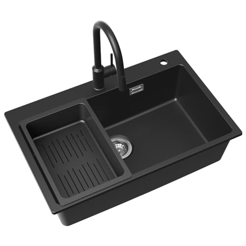 CECIPA Lavabo nero in granito 70x45x20 cm con rubinetto estraibile