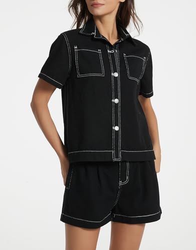 Image of Kedera Summer Denim Set for Women 2 piece Casual Short Sleeve Boxy Shirt Tops and Shorts Pants Lounge Sets Outfits