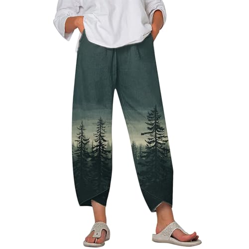 Image of DMOYALA Linen Pants for Women Summer Casual Wide Leg Capri Pants Loose Fit Palazzo Pants Cropped Beach Pants with Pockets