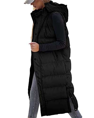 Grlasen Womens Long Puffer Vest Hooded Sleeveless Winter Coats Quilted Warm Zip Up Padded Outerwear