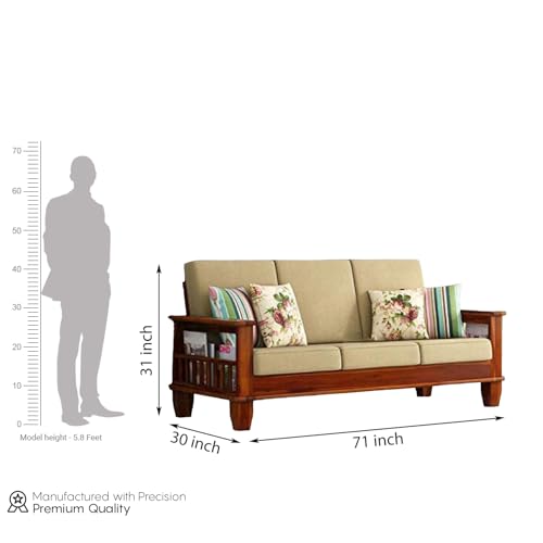 Image of Solid Sheesham Wood 3 Seater Sofa with Side Pocket | Wooden Sofa Furniture for Living Room Bedroom Office (Honey Finish, Beige Cushion)