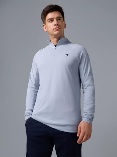 Image of TECHNOSPORT Men's Solid Quarter Zip Gym Slim Fit Active Sports T-Shirt with COTFLEX Full Sleeve Cotton Feel Polyester 4-Way Stretch Memory Fabric Lightweight Workout Running Training