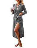 Ekouaer Women Kimono Robes Full Length Knit Bathrobe Lightweight Soft Sleepwear V-neck Casual Ladies Loungewear