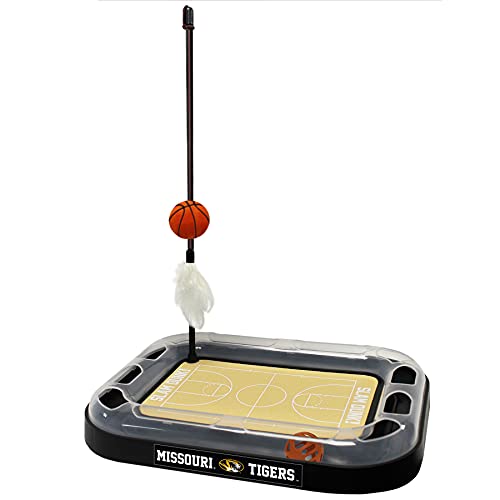 NCAA Missouri Tigers Basketball Court Scratcher Toy with Catnip Filled Plush Basketball & Feather Cat Toy Hanging, Jingle Bell Interactive Ball