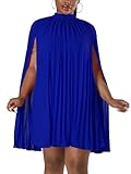 Ekaliy Women’s Chiffon Pleated Cape Dress Cloak Sleeve Knee Length Wedding Guest Shift Dress Blue XXL