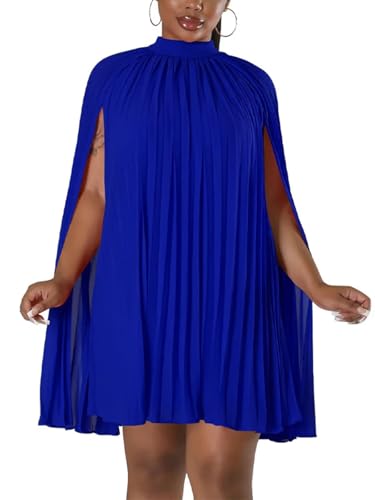 Image of Women's Casual Cape Sleeve Pleated Split Short Dress Loose Fit Cocktail Party Flowy Dress