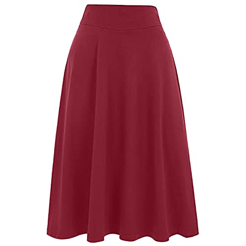 Simple Comfy Basic Solid Color Stretch A Line Flared Knee Length Skirt Long Skirt (Red, Xxl) #TOP2