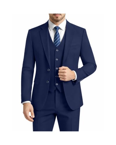 LUPURTY Herren Anzüge Slim Fit 3 Stück Anzüge für Männer 2 Knöpfe Solide Jacke Weste Hose Smoking Set für Business Hochzeit, Marineblau, L