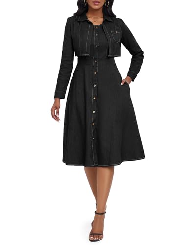 VERWIN Two Pieces Denim Dress with Jackets Midi Dress Button