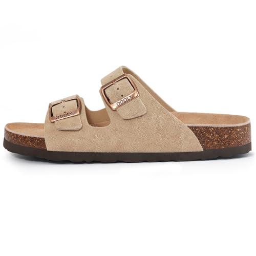 Image of ODOLY Unisex Comfortable Cork Footbed Slide Sandals with Arch Support | Adjustable Buckle, Lightweight Summer Sandals for Travel and Everyday Wear