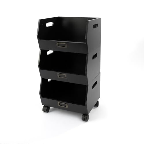 LIN HOME XZ-23007 Organizador Extraibles con Ruedas 3 Niveles Multiuso 32x28x60cm - Cajas de Almacenaje de Madera para Organizar Libros, Documentos, Frutas, Verduras Color Negro