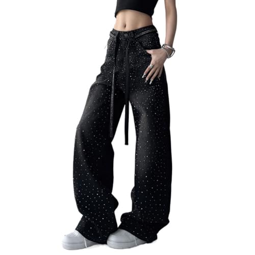 LAFOURAM Petite Jeans for Women 5 FT Short Wide Leg Baggy Rhinestone Bling Bedazzled Denim Pants4