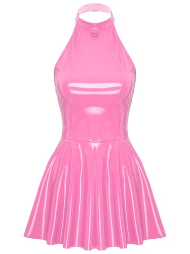 Linjinx Damen Lack Leder Kleid Wetlook Partykleid Neckholder Minikleid Rückenfrei Faltenkleid Kurz Eng Wickelkleid Gogo Clubwear Rosa L