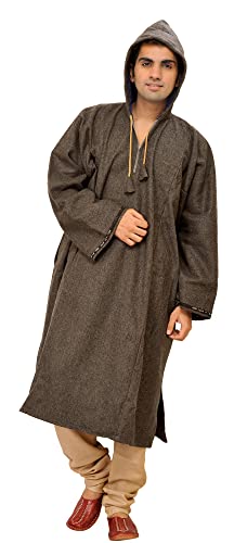 Image of Exotic India Men's Woolen Blend Kashmiri Phiran with Hood | Pure Wool Long Overcoat-Oversized Phiran for Men