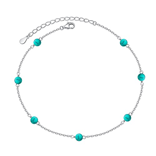 Beach Anklets For Women, 925 Sterling Silver Antique Boho Beach Foot Chain Faux Turquoise Minimalist Beaded Ankle Bracelet Gift For Women Girls, 9-11 Inch #TOP30
