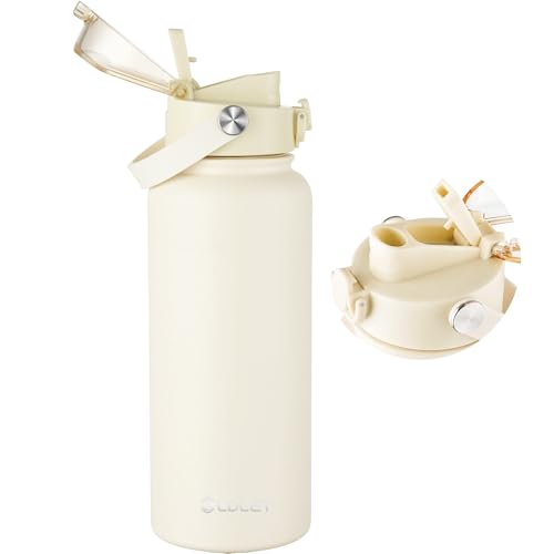 Image of OLDLEY 32oz Insulated Water Bottle with 2-in-1 Straw & Chug Lid, Leakproof Stainless Steel Bottle, Double Wall Vacuum Insulated Water Bottle for Sports, Gym, Travel,Ivory