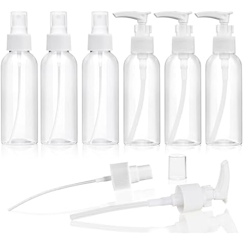 Travel Bottles Fine Mist Spray Bottle Pump Bottles Dispenser 3.4oz/100ml 6 Pack Clear Plastic Tsa Approved Reusable Container for Shampoo Lotion,Cleaning Solutions,Plants,Pet,Essential Oils, Hair,Cook Cover
