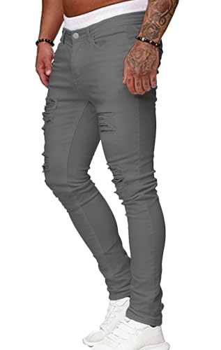 Image of HUNGSON Men's Blue Slim Fit Jeans Stretch Destroyed Ripped Skinny Jeans Side Striped Denim Pants
