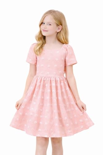 Image of HILEELANG Girls Summer Dress Bow Tie Back A-Line Party Dress for Little Big Girls Short Sleeve Dress with Lining 6-12 Years