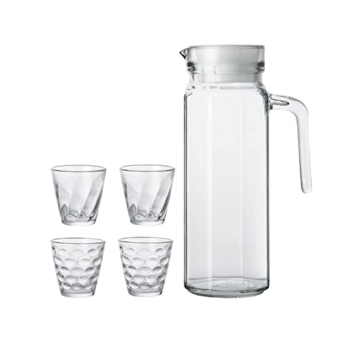 Glas Karaffe Krug mit Deckel, Wasserkaraffe mit Vier Gläsern, Getränkekanne und Sieb im Ausguss für Kaltes Heißes Wasser Getränke Eistee hausgemachte Getränke Milch Kaffee Wein Cover