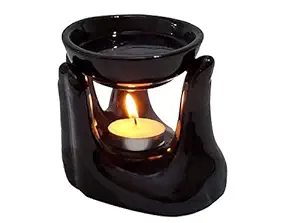 Pure Source India Oil Burner for Home, Office, with 1 Tea Light Candle, Made by Porcelain (Black)