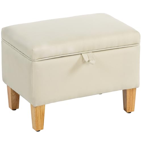 HOMCOM 16L Linen Storage Ottoman Padded Footstool with Rubbe