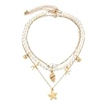 Onperpoe Ocean Charm Necklace Set Shell Necklace Layered Pearl Necklaces for Women Girls Gold Shell Starfish Necklaces Personalized Fashion Jewelry (3 layer)