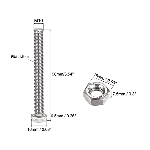 Image of uxcell M10 x 90mm Hex Head Screws Bolts, Nuts, Flat & Lock Washers Kits, 304 Stainless Steel Fully Thread Hexagon Bolts 6 Sets