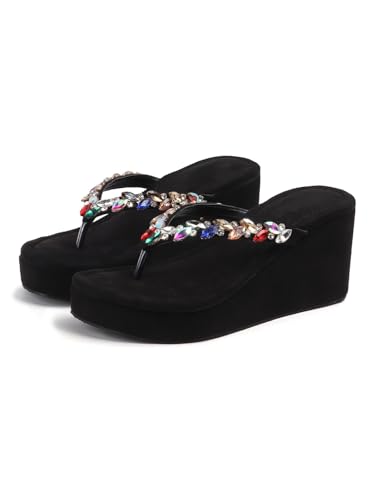 TRYME Crystal Embellished Strap Slip on Wedges Heel Sandals For W...