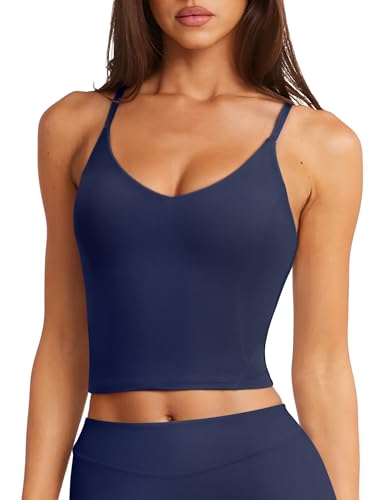 LASLULU Womens Longline Sports Bra Padded Spaghetti Strap Workout Tops Casual Summer Fashion Outfits Crop Tank Tops Pilates Gym Yoga Bras(Navy Blue Large)