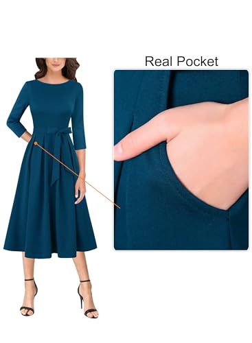Image of VFSHOW Womens Work Business Casual Church Pockets Belted A-Line Midi Dress