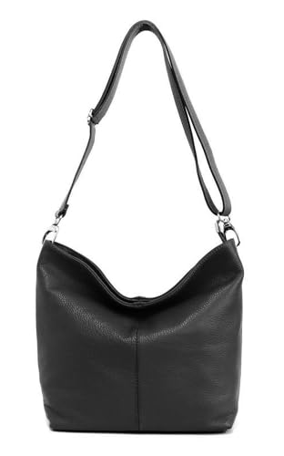 Made in Italy Damen Leder Tasche Umhängetasche Shopper Cross Over Body Bag Handtasche Ledertasche Schultertasche Hobo Bag Schwarz