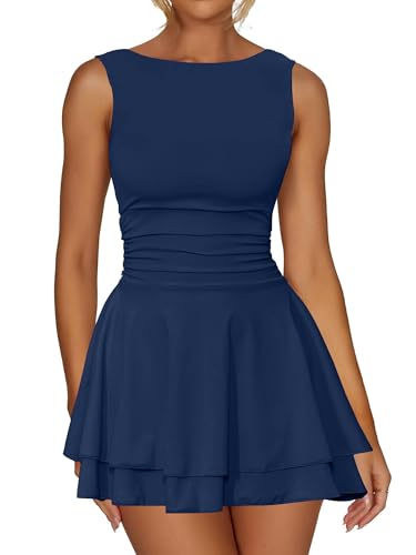 oten Women's Sleeveless Ruched Waist Tiered Flowy Ruffle Hem Mini Party Club Short Dresses
