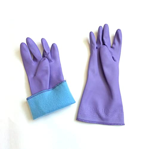 Rubber Gloves, Purple Household Long Sleeve Gloves with Cotton Flock Lining for Cleaning, Dishwashing and Gardening