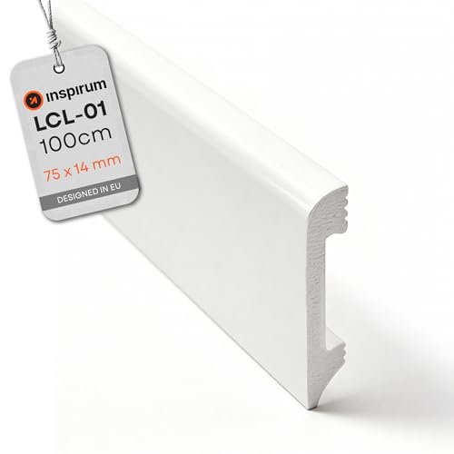 Inspirum Sockelleiste Weiß Modern LCL-01 75x14x1000 mm Preis pro Meter Fußleiste aus hartem Polyurethan Stuckleiste Wasserfest & Stoßfest