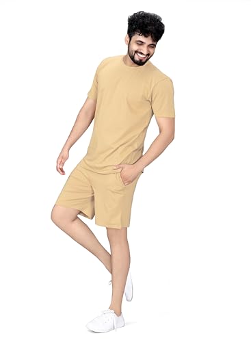 Image of ELLITI Cotton Blend Solid Casual Round Neck Half Sleeve Oversized Co-ord Set Men's, Pyjama Set, Sleepwear Loungewear T-Shirt and Shorts Combo for Men, Night Wear for Men, Night Suit for Men's