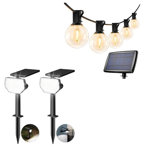 Lepro Bundle – 2 Items: 2 Pack Solar Spot Lights Outdoor Waterproof & 25ft Solar Outdoor String Lights Patio Bistro Lights