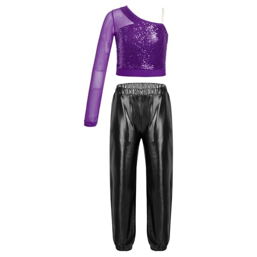 Linjinx Kids Girls 2pcs Shiny Hip Hop Jazz Dance Tracksuit Metallic Crop Top With Athletic Cargo Pants Set Activewear Purple&Black 16 Years